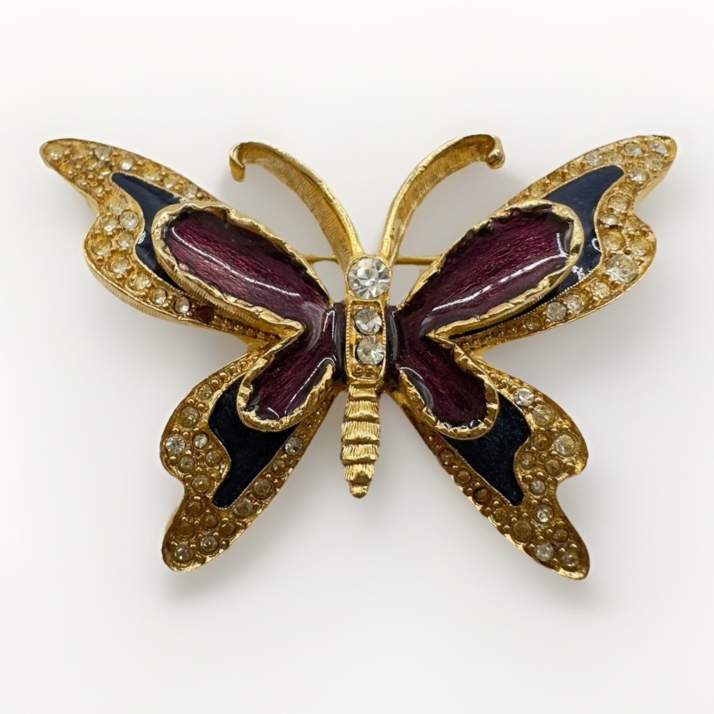 Vintage Erwin Pearl Gold Toned Butterfly Brooch Purple Enamel Clear Rhinestones